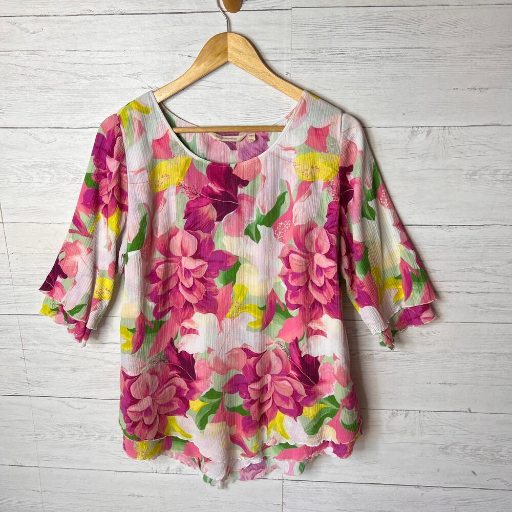 Soft Surroundings Blouse Womens Size Medium Colorful Floral Tiered Scallop Hem - Picture 4 of 16